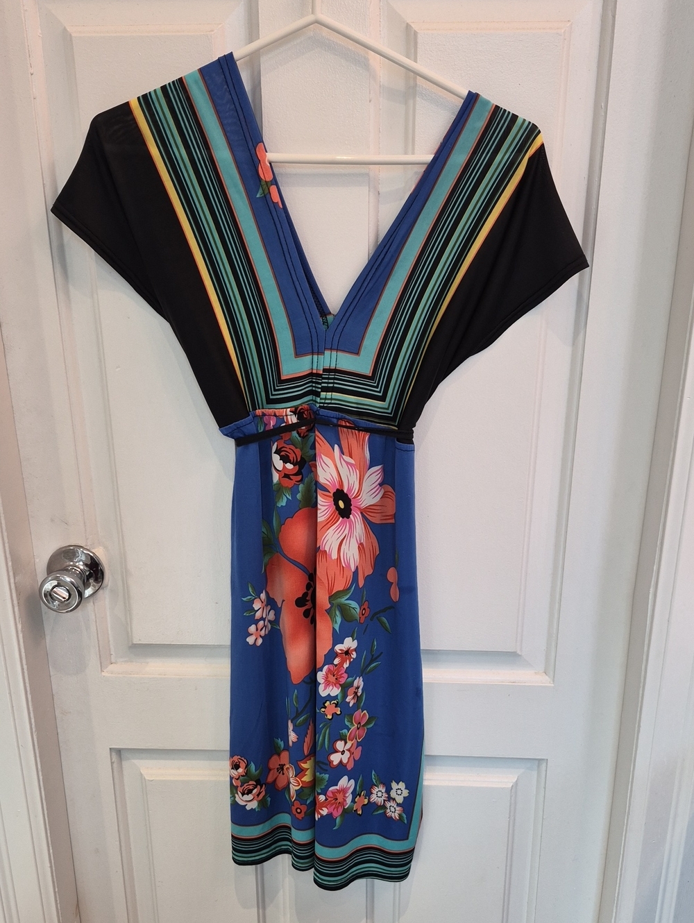 Blue Floral V-Neck Mini Dress with Black Shoulder Panels